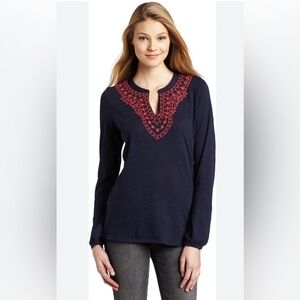 Lucky Brans Stella Tunic Navy Blue Top with Red Embroidery Cotton Medium EUC